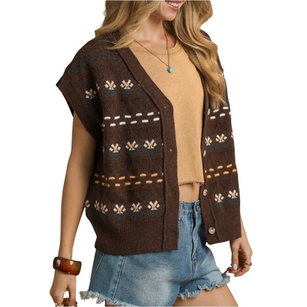 Umgee Brown Short-Sleeve Oversized Floral Patterned Cardigan Vest Women Large